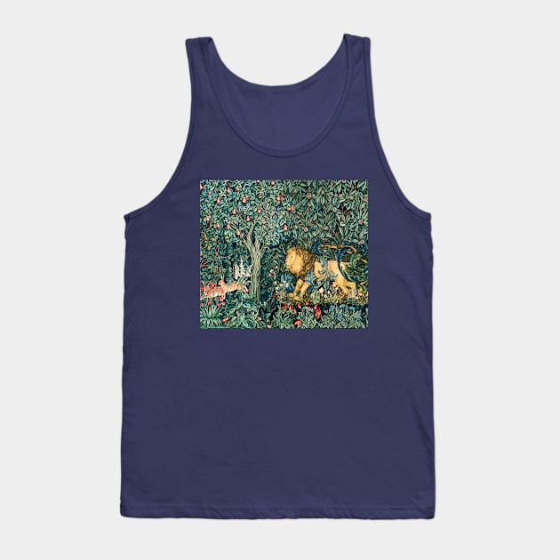 GREENERY, FOREST ANIMALS Lion and Hares Blue Green Floral Tank Top by BulganLumini